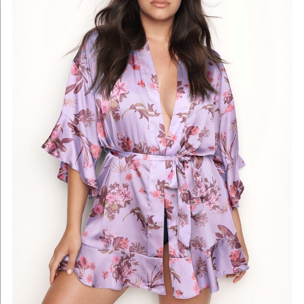Victoria’s Secret Satiny Floral Robe Ruffle Details Tie Sexy VS Nightwear
